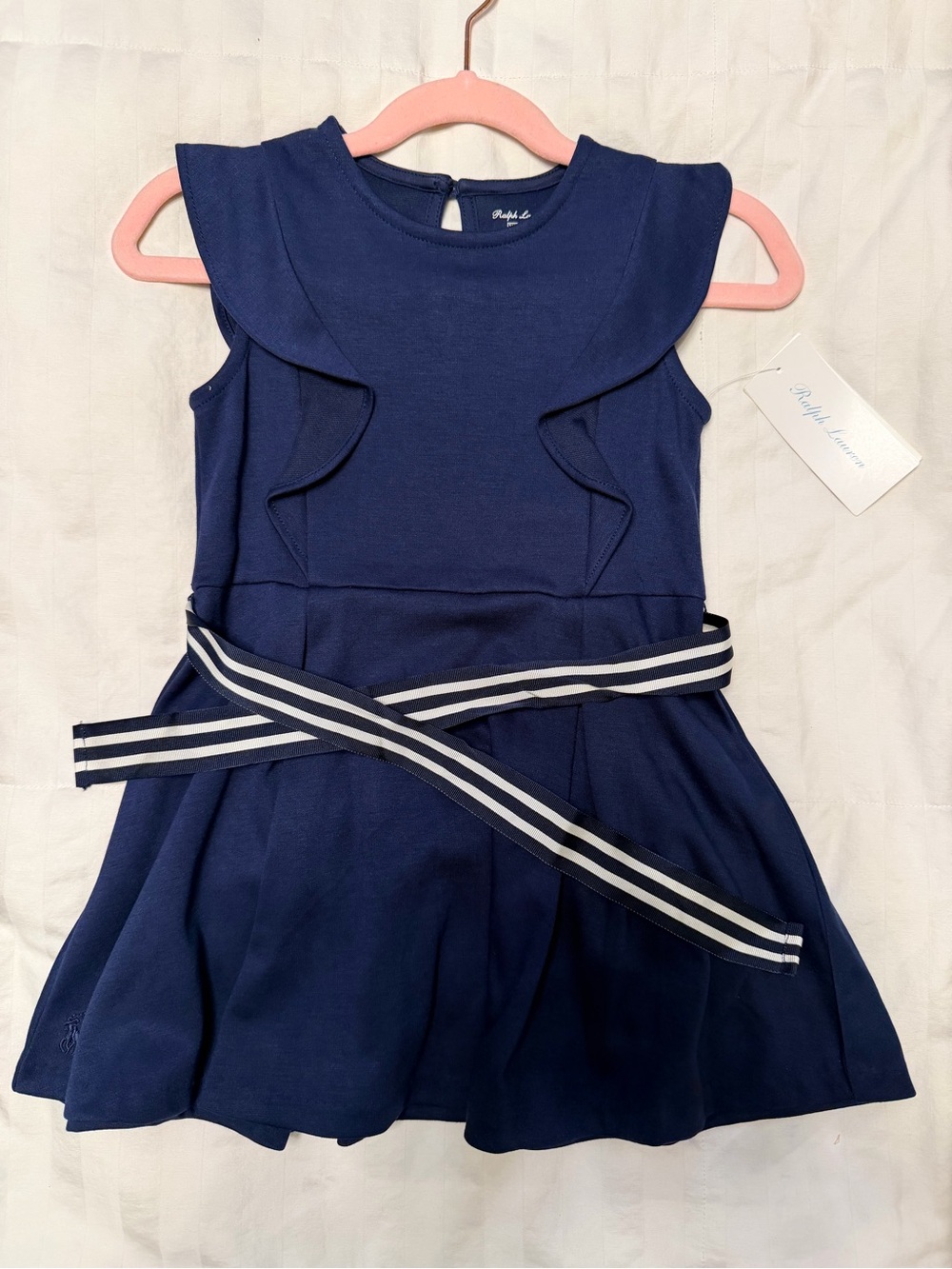 Ralph Lauren Navy Knit Dress with Striped Waist Tie